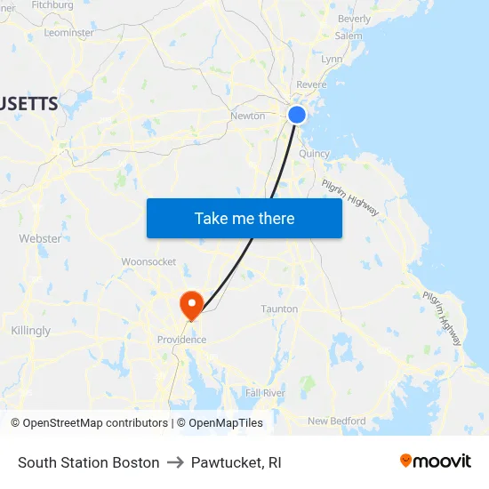 South Station Boston to Pawtucket, RI map