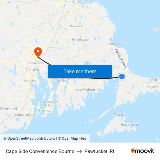 Cape Side Convenience Bourne to Pawtucket, RI map