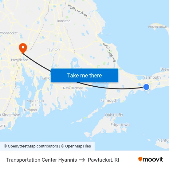 Transportation Center Hyannis to Pawtucket, RI map