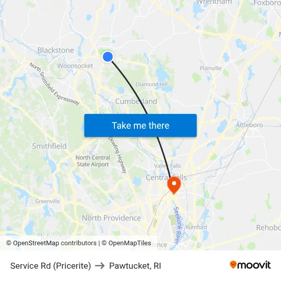 Service Rd (Pricerite) to Pawtucket, RI map