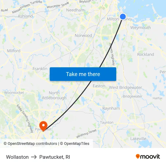 Wollaston to Pawtucket, RI map