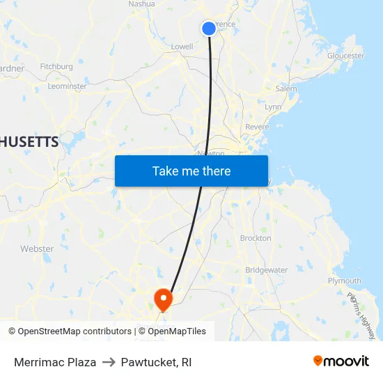 Merrimac Plaza to Pawtucket, RI map