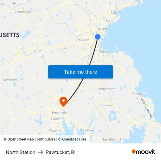North Station to Pawtucket, RI map
