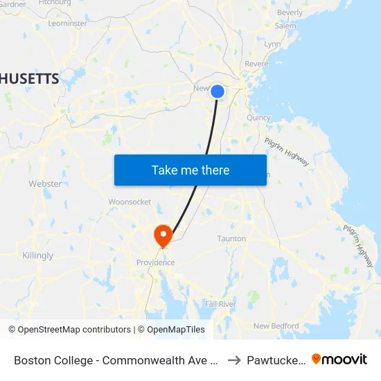 Boston College - Commonwealth Ave @ Lake St to Pawtucket, RI map