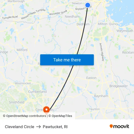 Cleveland Circle to Pawtucket, RI map