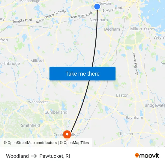 Woodland to Pawtucket, RI map