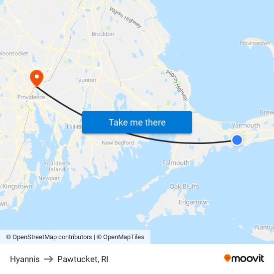 Hyannis to Pawtucket, RI map