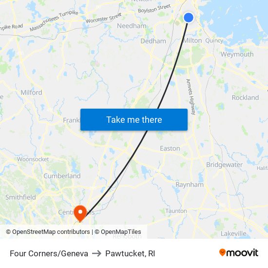 Four Corners/Geneva to Pawtucket, RI map