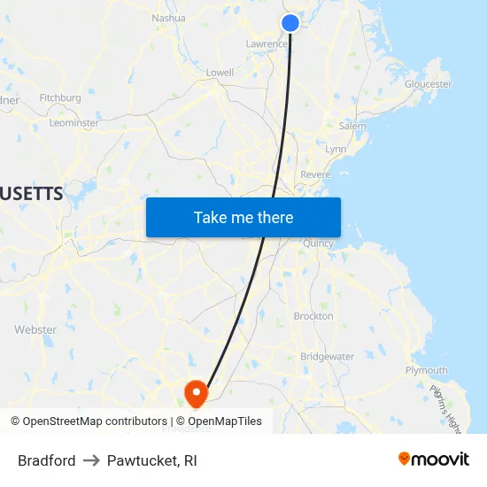 Bradford to Pawtucket, RI map
