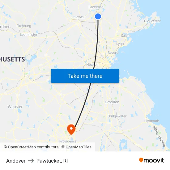 Andover to Pawtucket, RI map