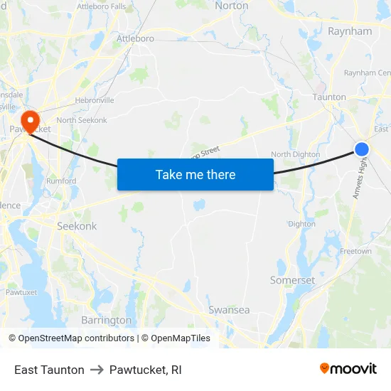 East Taunton to Pawtucket, RI map