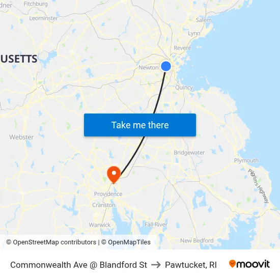 Commonwealth Ave @ Blandford St to Pawtucket, RI map