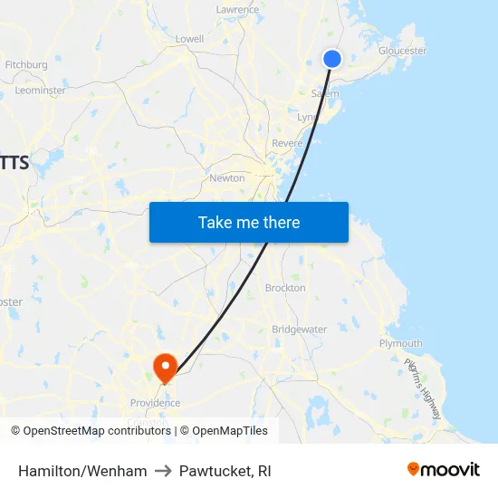 Hamilton/Wenham to Pawtucket, RI map