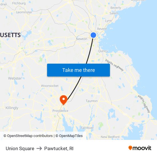 Union Square to Pawtucket, RI map