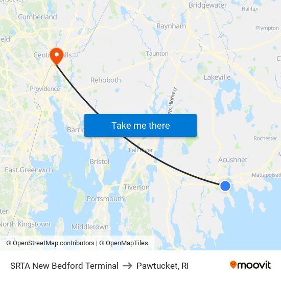 SRTA New Bedford Terminal to Pawtucket, RI map