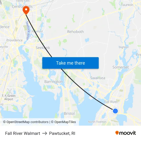 Fall River Walmart to Pawtucket, RI map