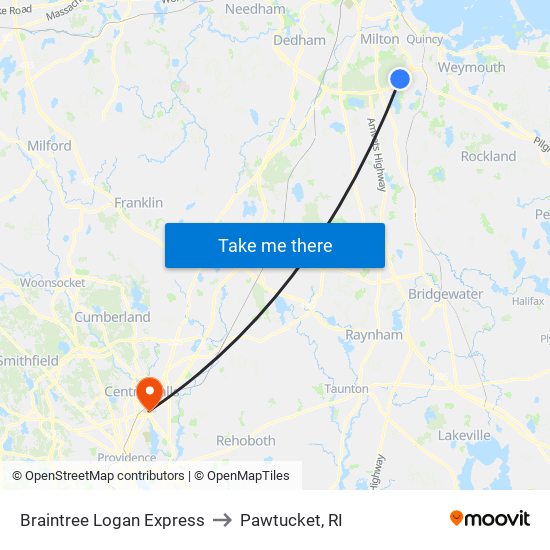 Braintree Logan Express to Pawtucket, RI map