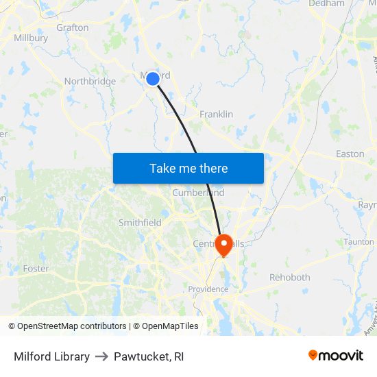 Milford Library to Pawtucket, RI map