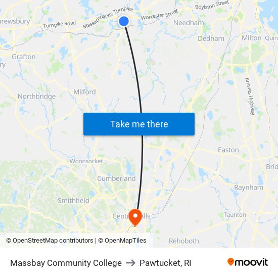 Massbay Community College to Pawtucket, RI map