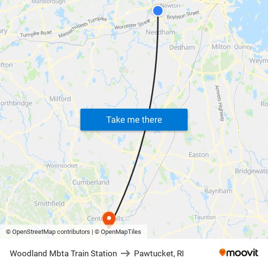 Woodland Mbta Train Station to Pawtucket, RI map