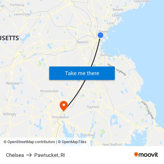 Chelsea to Pawtucket, RI map