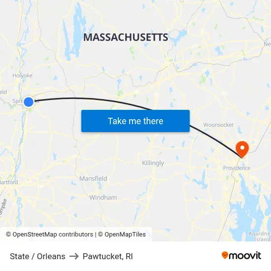 State / Orleans to Pawtucket, RI map