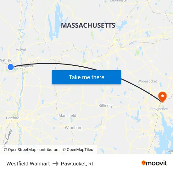 Westfield Walmart to Pawtucket, RI map