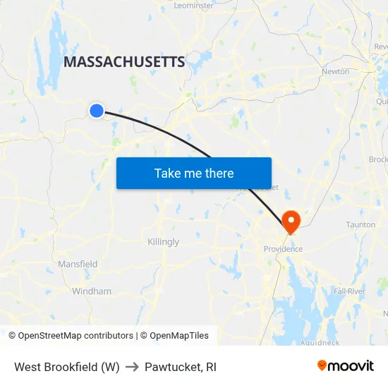 West Brookfield (W) to Pawtucket, RI map