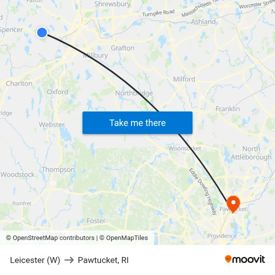 Leicester (W) to Pawtucket, RI map