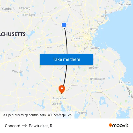 Concord to Pawtucket, RI map