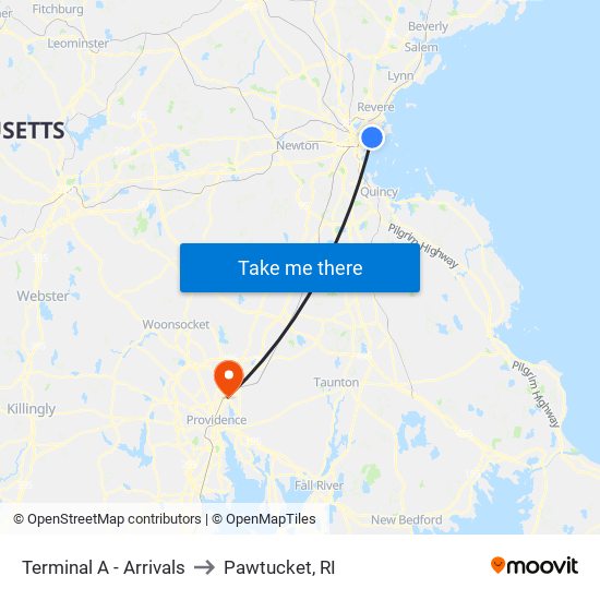 Terminal A - Arrivals to Pawtucket, RI map
