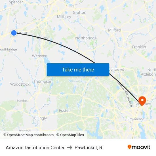 Amazon Distribution Center to Pawtucket, RI map