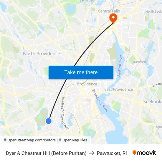 Dyer & Chestnut Hill (Before Puritan) to Pawtucket, RI map