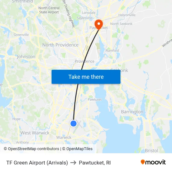 TF Green Airport (Arrivals) to Pawtucket, RI map