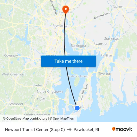 Newport Transit Center (Stop C) to Pawtucket, RI map