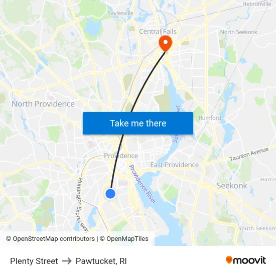 Plenty Street to Pawtucket, RI map