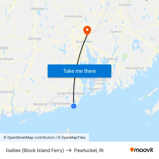 Galilee (Block Island Ferry) to Pawtucket, RI map