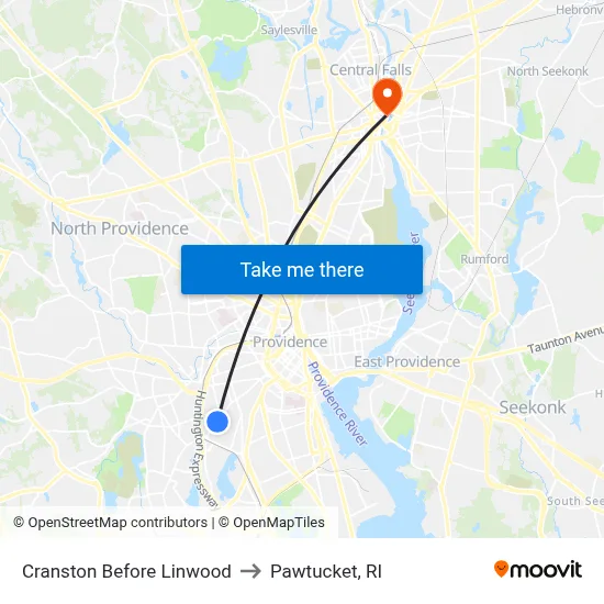 Cranston Before Linwood to Pawtucket, RI map