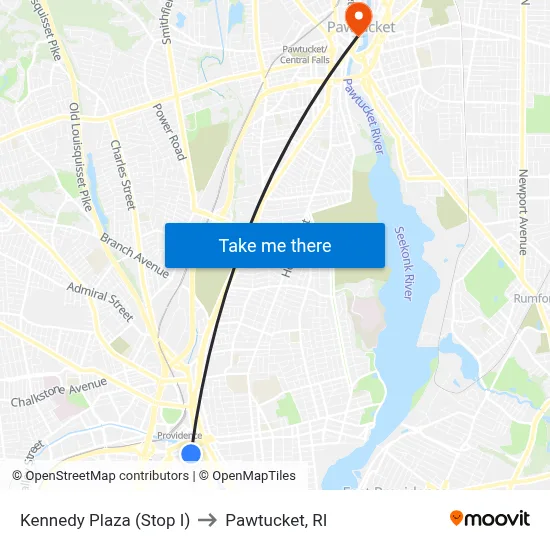 Kennedy Plaza (Stop I) to Pawtucket, RI map