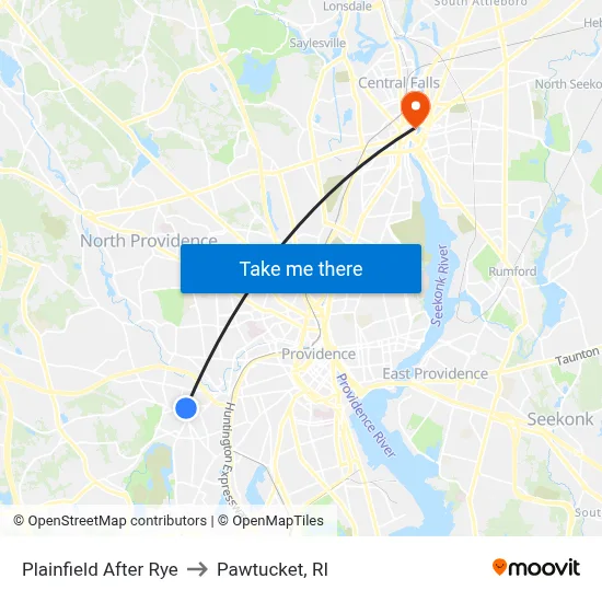 Plainfield After Rye to Pawtucket, RI map