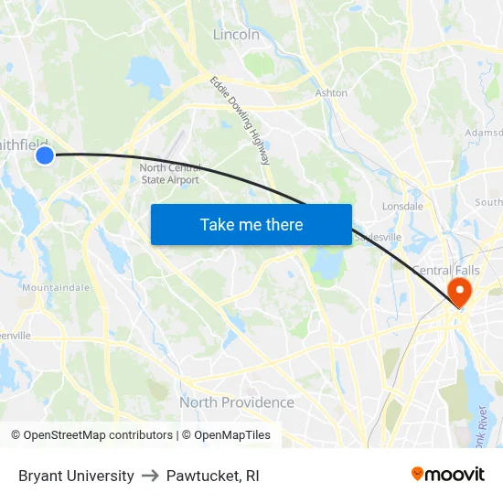Bryant University to Pawtucket, RI map