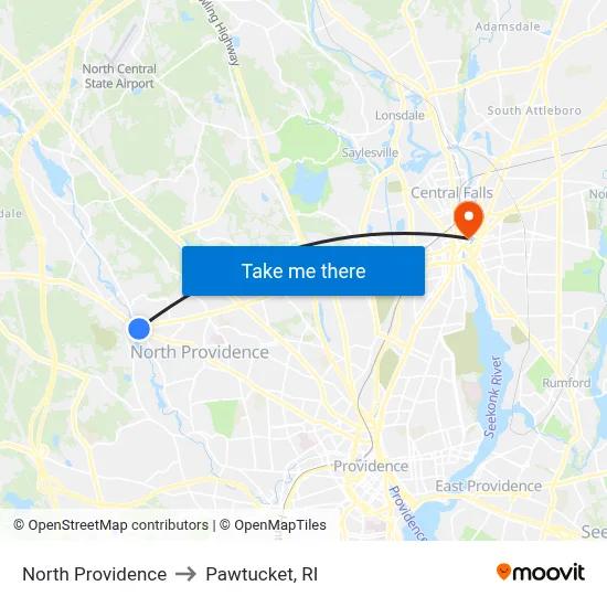 North Providence to Pawtucket, RI map