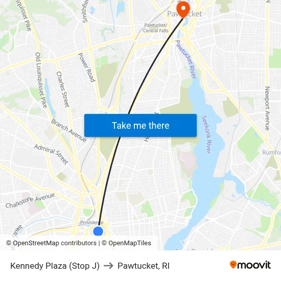 Kennedy Plaza (Stop J) to Pawtucket, RI map