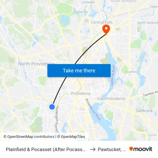 Plainfield & Pocasset (After Pocasset) to Pawtucket, RI map