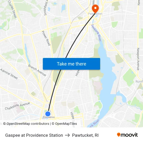 Gaspee at Providence Station to Pawtucket, RI map