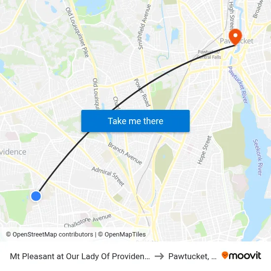 Mt Pleasant at Our Lady Of Providence to Pawtucket, RI map