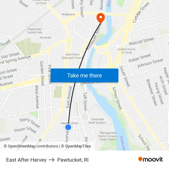 East After Harvey to Pawtucket, RI map