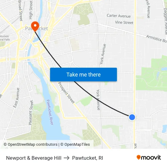 Newport & Beverage Hill to Pawtucket, RI map