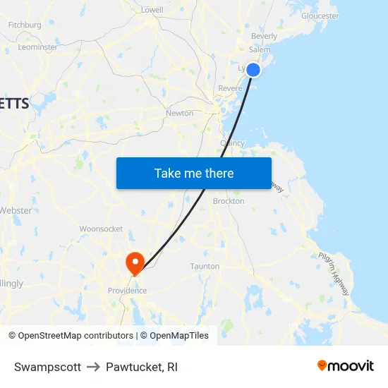 Swampscott to Pawtucket, RI map