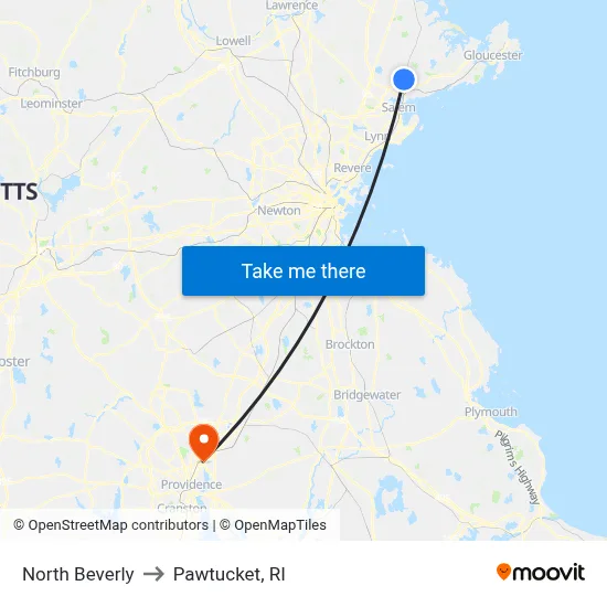 North Beverly to Pawtucket, RI map